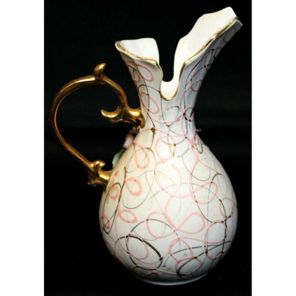 VTG Lefton China Pitcher Pink Rose Forget-Me-Nots Hand Painted Small Gold Swirls - Picture 3 of 8